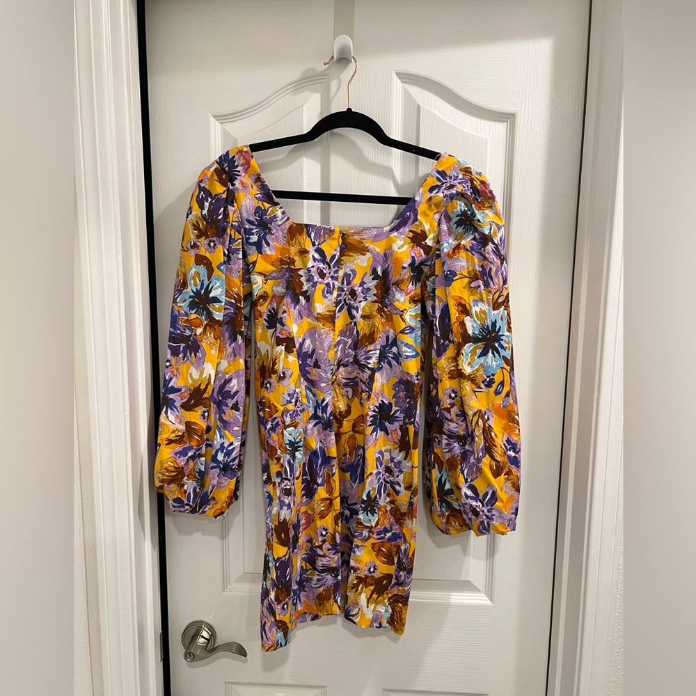 NEW Zara purple and yellow floral mini-dress with puffy long sleeves. Size S.